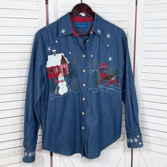 Karen Scott Embroidered Country Christmas Denim Button Up Shirt Blue Medium - Picture 8 of 12